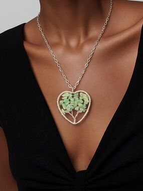 Vintage Green Aventurine Tree of Life Heart Pendant 925 Sterling Chain 20”